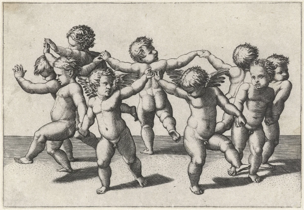 Dansende putti by Marcantonio Raimondi, print, 1517-1520