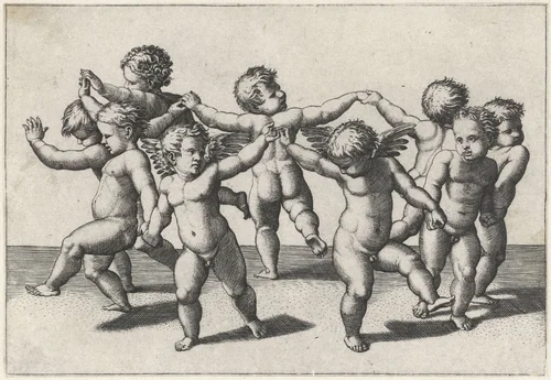Dansende putti by Marcantonio Raimondi, print, 1517-1520