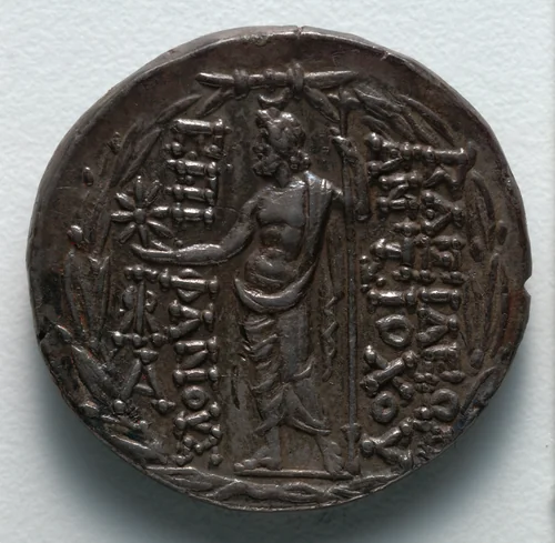 Tetradrachm: Zeus Ouranios within Olive Wreath (reverse) by Unknown, metalwork, -112--110