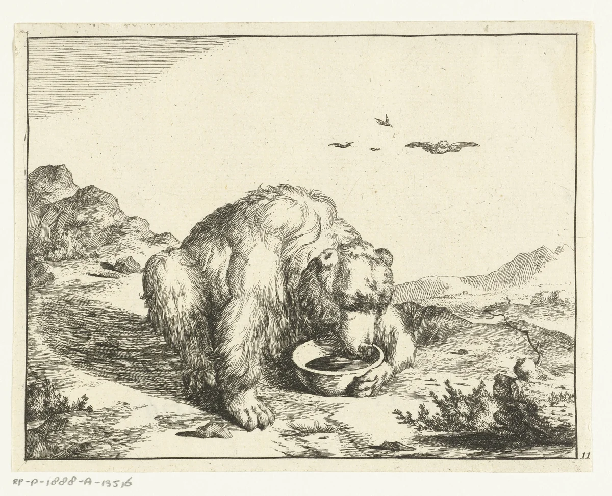 Zittende beer, van voren, één poot om een kom by Marcus de Bye, print, 1664