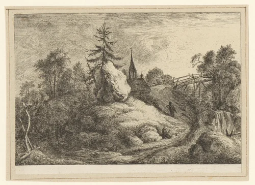 Landschap met kapel by J. Roemer, print, 1600-1699