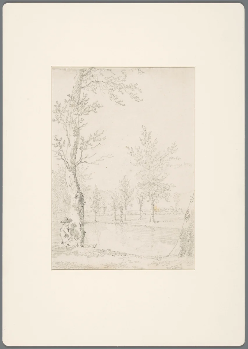 Zittende man naast een boom aan het water by David de Sandoz-Rollin, drawing, 1750-1809