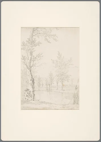Zittende man naast een boom aan het water by David de Sandoz-Rollin, drawing, 1750-1809