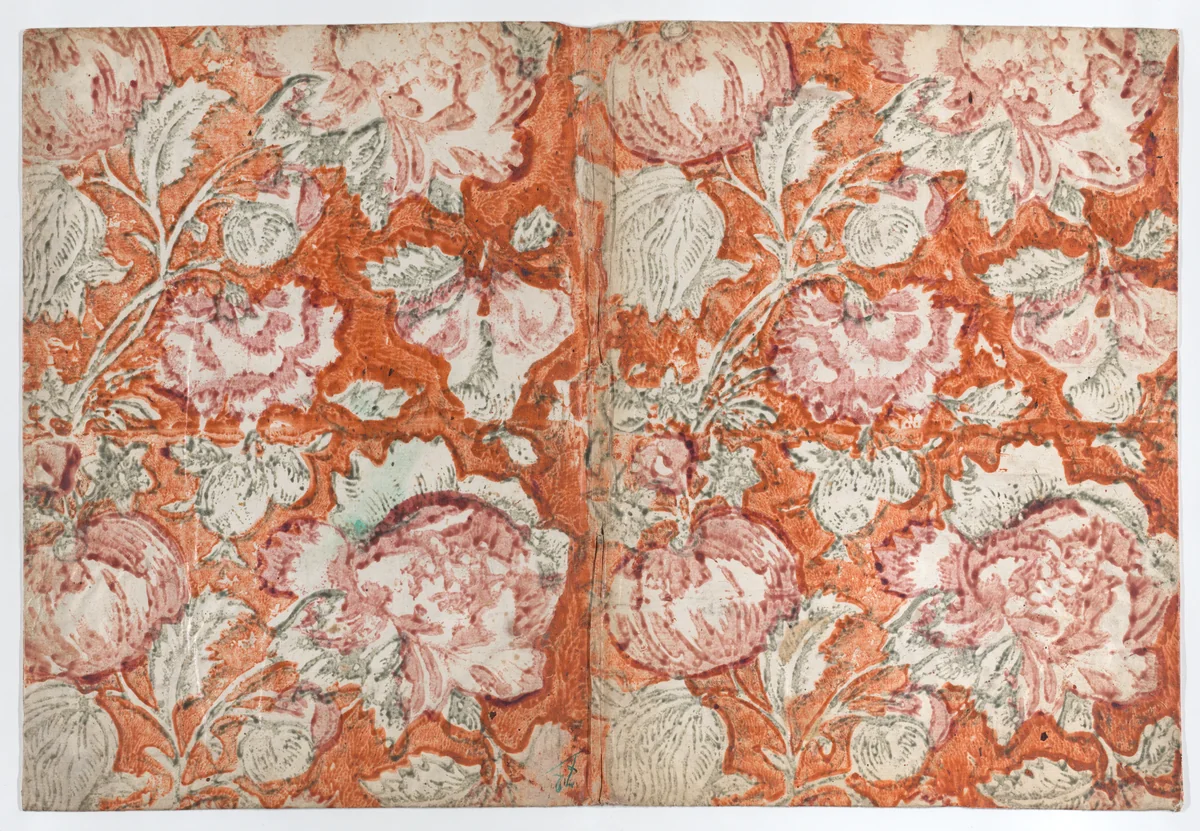 Book cover with floral pattern with orange background by anonymous, print, 1700-1800
