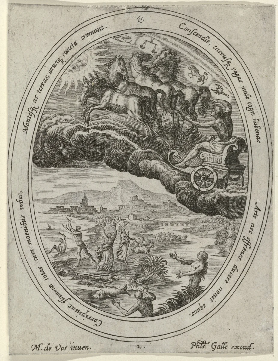 Phaëthon rijdt in de zonnewagen by Unknown, print, 1542-1603