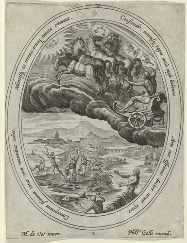 Phaëthon rijdt in de zonnewagen by Unknown, print, 1542-1603