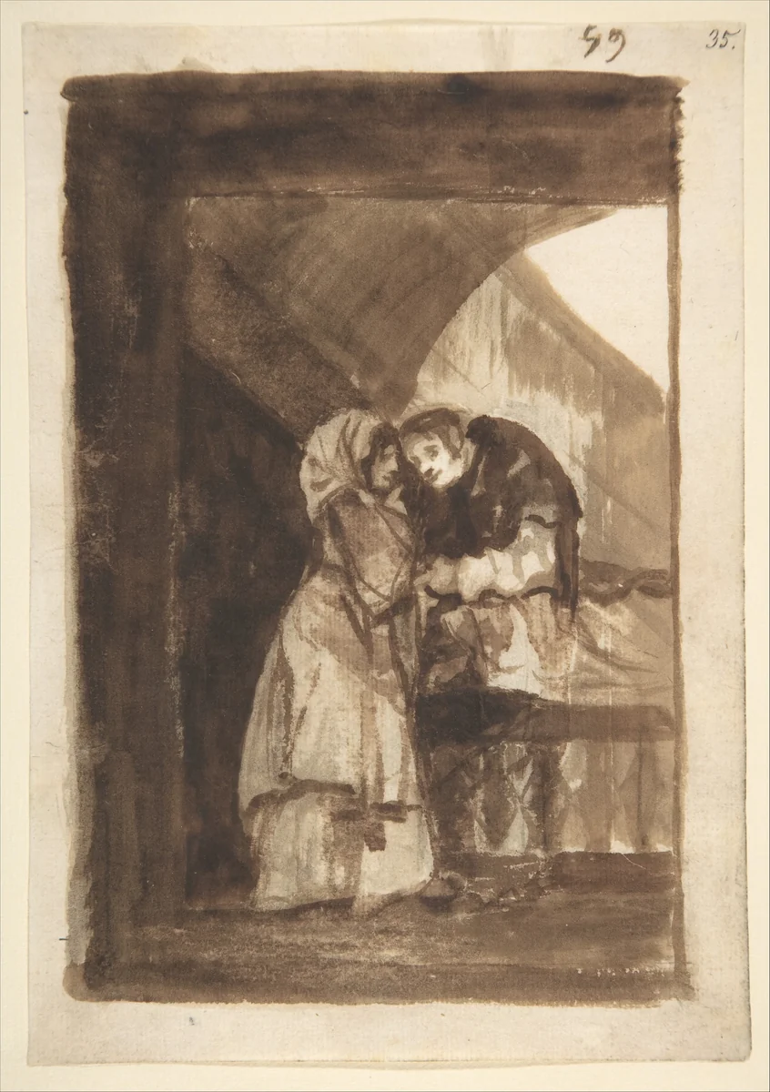 A woman talking to a priest in a covered archway; folio 59 from the "Images of Spain" Album (F) by Goya, drawing, 1807-1825