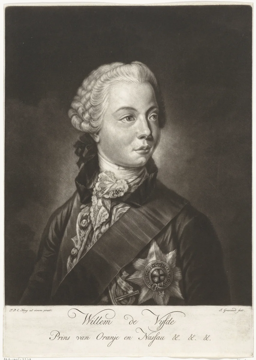 Portret van Willem V, prins van Oranje-Nassau by John Greenwood, print, 1755-1792