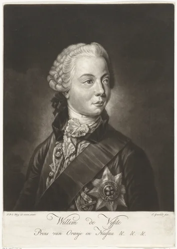 Portret van Willem V, prins van Oranje-Nassau by John Greenwood, print, 1755-1792