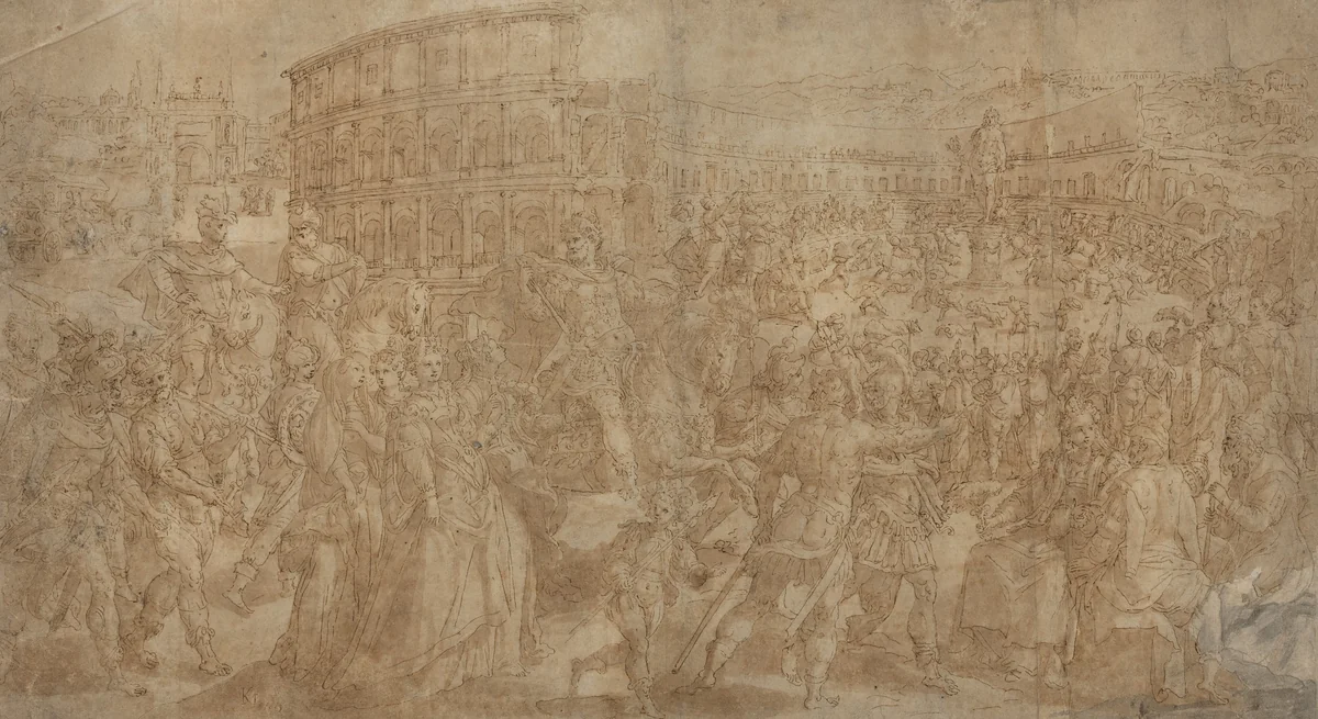 A Roman Triumph by Maarten de Vos, drawing, 1532-1603