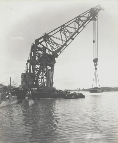 Floating crane "Ajax" test. 150 tons luffed out over side at rated reach by Unidentified Photographer, photograph, 1915