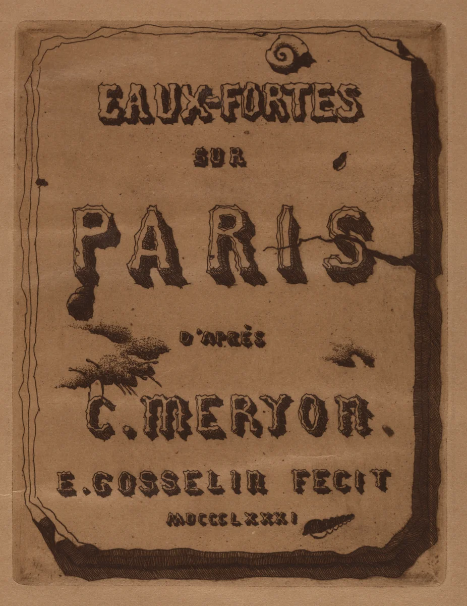 Titre des Eaux-fortes sur Paris: Cover by Edmond Gosselin, print, 1871