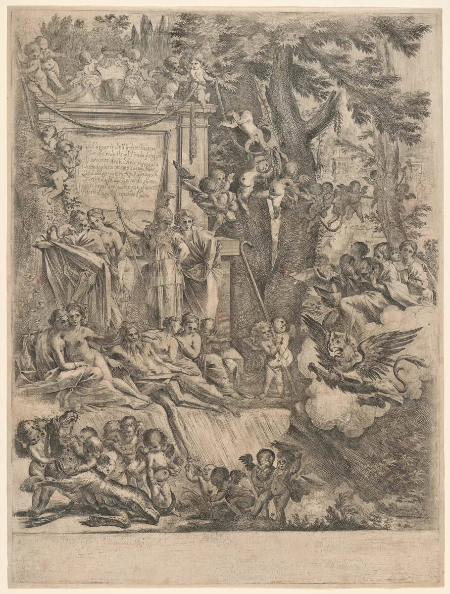 Allegory in Honor of the Arrival of Cardinal Franciotti as Bishop of Lucca by Pietro Testa, print, 1637