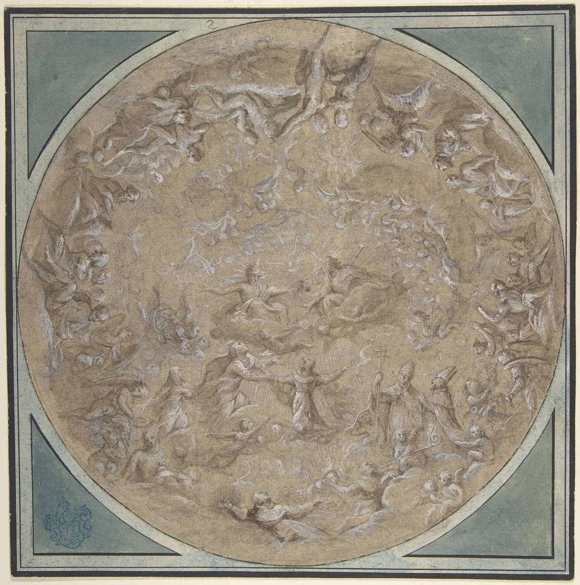 Monastic Saint Presented to the Holy Trinity by the Virgin, Study for a Circular Ceiling Decoration by Lazzaro Baldi, drawing, 1622-1703