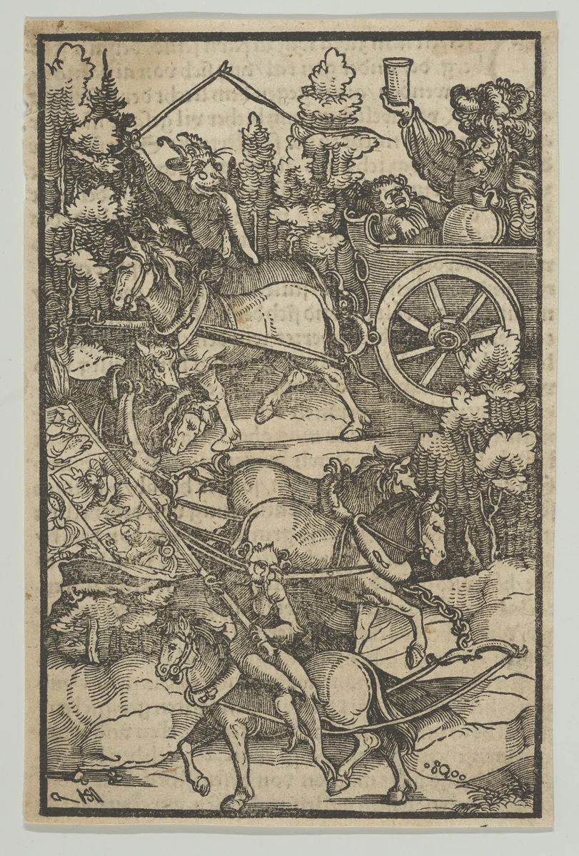 The Drunken Man on a Chariot on his Way to Hell, from Hymmelwagen auff dem, wer wol lebt... by Hans Schäufelein, print, 1517