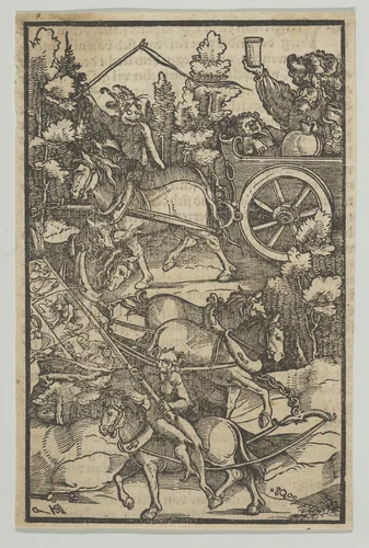 The Drunken Man on a Chariot on his Way to Hell, from Hymmelwagen auff dem, wer wol lebt... by Hans Schäufelein, print, 1517