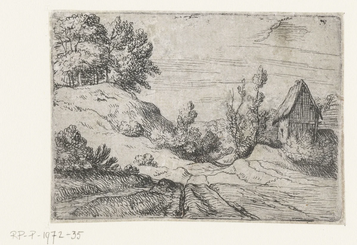 Huis naast een heuveltop begroeid met bomen by Lodewijk de Vadder, print, 1615-1655
