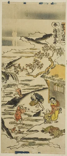 Spring: Soaking Rice Grains (Haru: tanehitashi no zu), No. 1 from the series "The Four Seasons of Farmers (Shiki no hyakusho)" by Torii Kiyomasu II (鳥居 清倍), print, 1730-1739