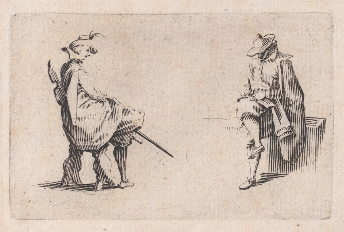 Deux Personnages Assis (Two Seated People), from "Les Caprices" Series B, The Nancy Set by Jacques Callot, print, 1617-1620