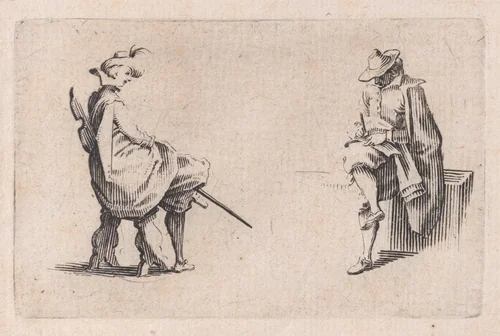 Deux Personnages Assis (Two Seated People), from "Les Caprices" Series B, The Nancy Set by Jacques Callot, print, 1617-1620