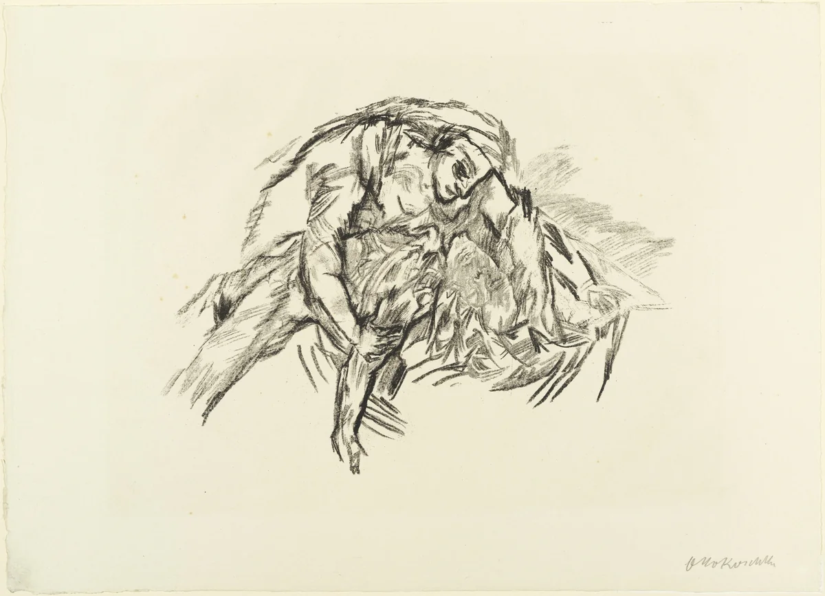 Woman Bent over Phantom (Weib über Schemen gebeugt) (plate 10) from The Bound Columbus (Der gefesselte Columbus) by Oskar Kokoschka, print, 1916