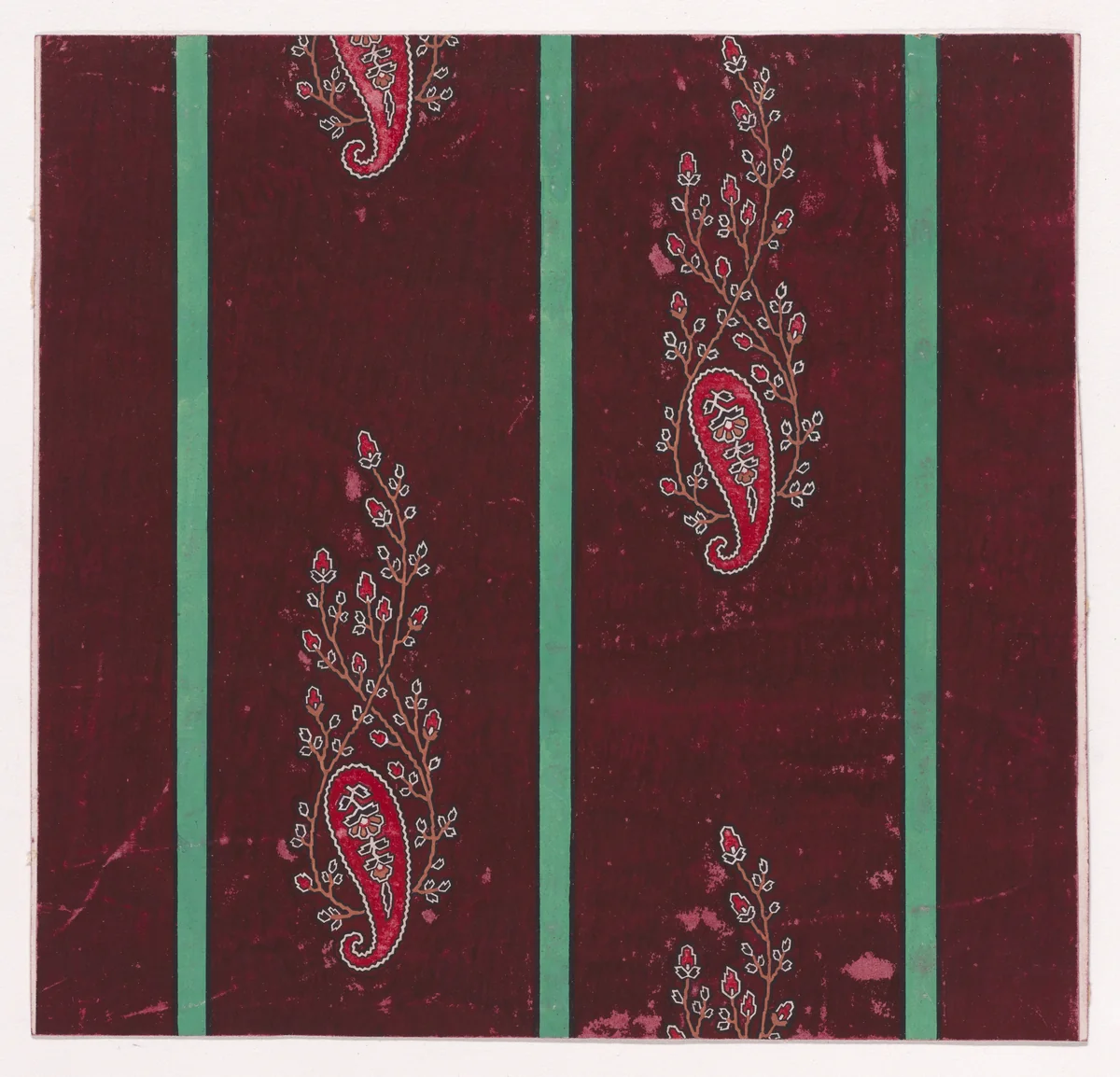 Textile Design with Vertical Rows of Paisley Motifs Flanked by Interlacing Branches with Stylized Flowers and Leaves Separated by Stripes by anonymous, drawing, 1840