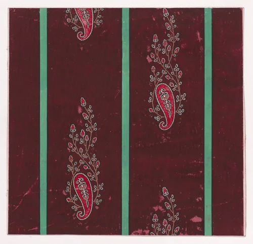 Textile Design with Vertical Rows of Paisley Motifs Flanked by Interlacing Branches with Stylized Flowers and Leaves Separated by Stripes by anonymous, drawing, 1840