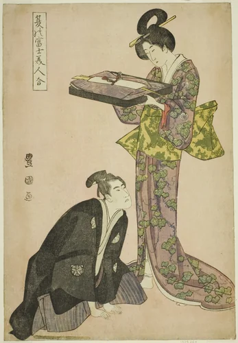 Kneeling actor and standing beauty holding a tray of clothes, from the series "Fuji in Summer Matched with Beautiful Women (Natsu no Fuji bijin awase)" by Utagawa Toyokuni I (初代 歌川 豊国), print, 1801