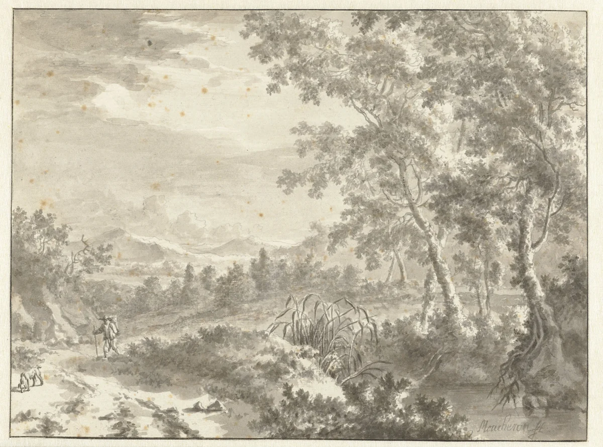 Hilly Landscape with Large Trees and a Traveller by Frederik de Moucheron, drawing, 1650-1655