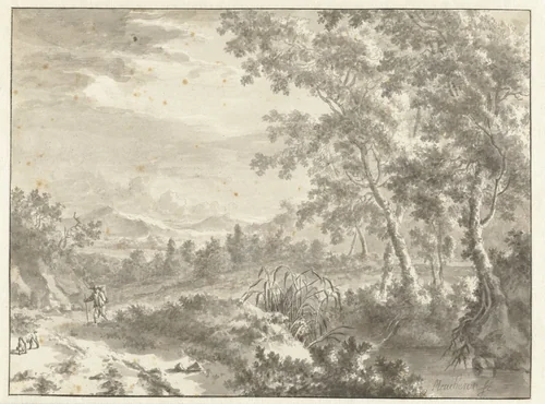 Hilly Landscape with Large Trees and a Traveller by Frederik de Moucheron, drawing, 1650-1655
