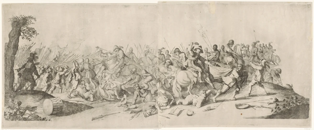 Gevecht tussen ruiters en voetvolk by Willem Basse, print, 1633-1672