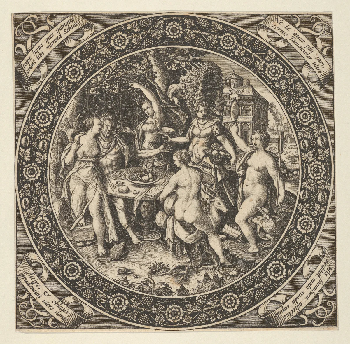 Scene with a Feast of Love in a Circle at Center by Theodor de Bry, print, 1580-1600