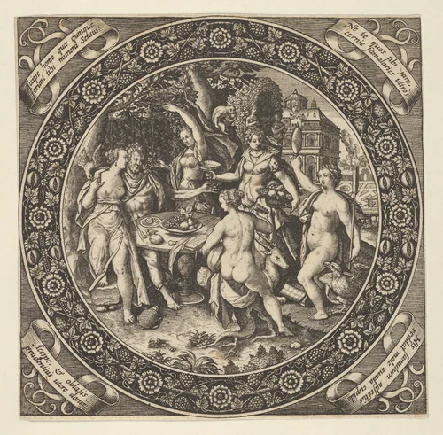 Scene with a Feast of Love in a Circle at Center by Theodor de Bry, print, 1580-1600