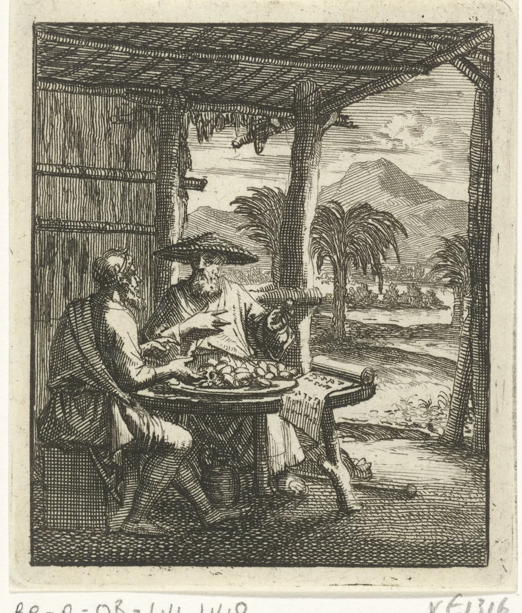 Kluizenaar en zijn bezoeker zitten in een open hut aan tafel by Jan Luyken, print, 1693
