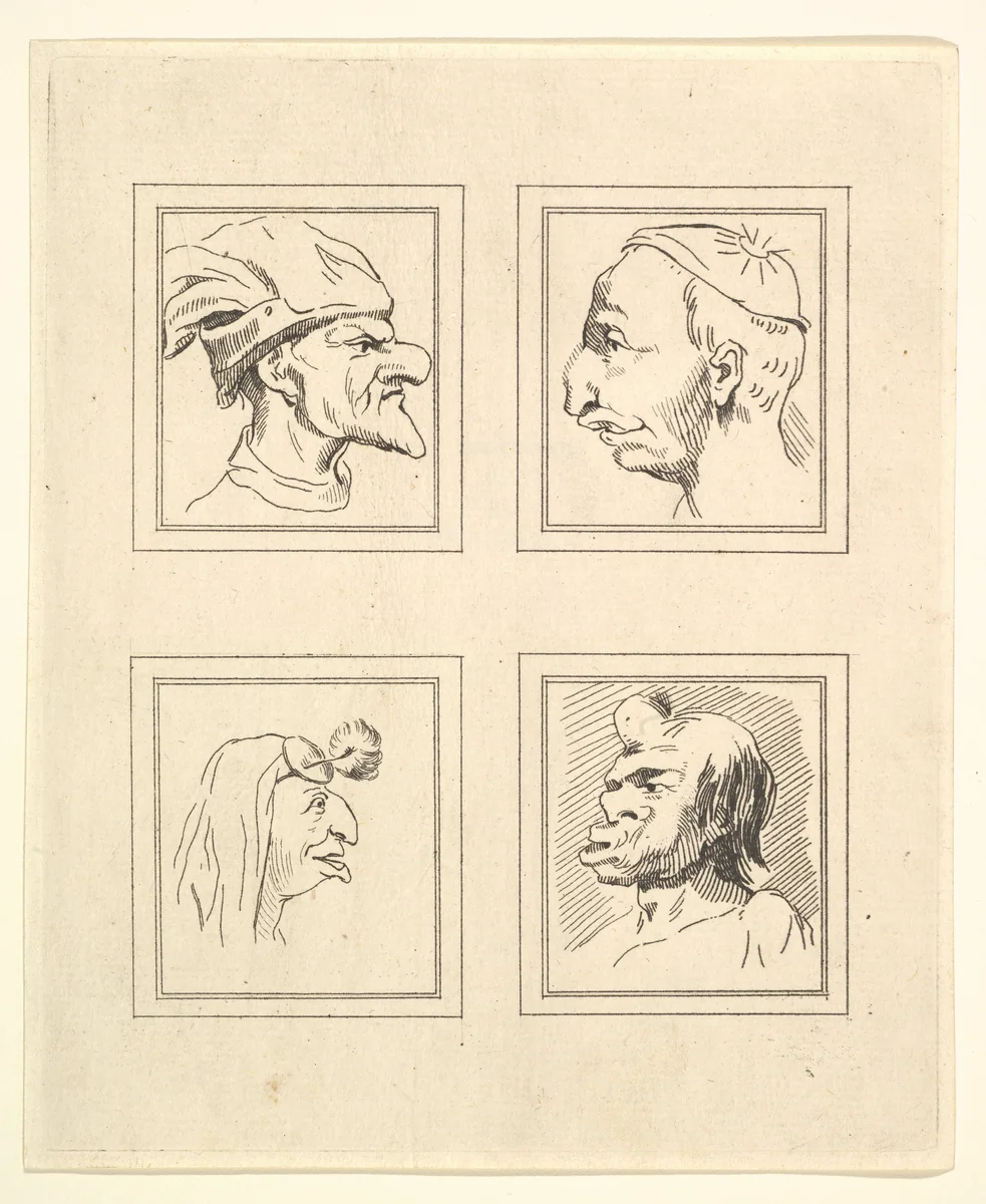 Four Heads (from Characaturas by Leonardo da Vinci, from Drawings by Wincelslaus Hollar, out of the Portland Museum) by Wenceslaus Hollar, print, 1786