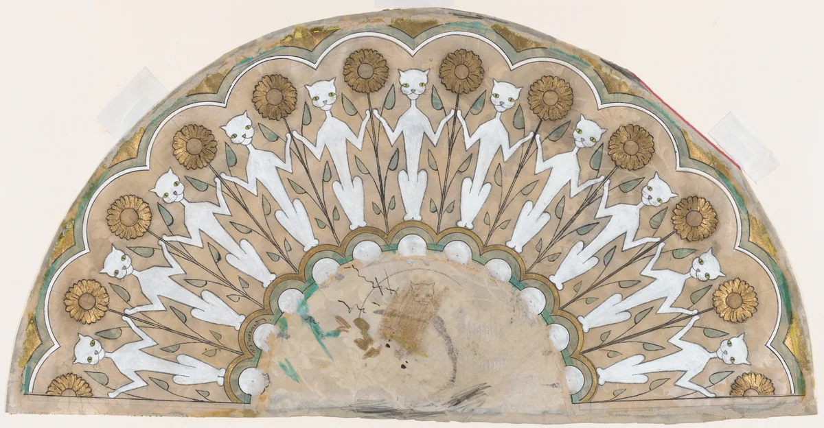 Fan Design with Cats and Sunflowers by Henri Charles Guérard, drawing, 1880-1895