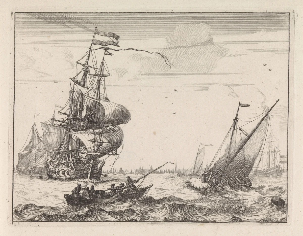Gezicht op het IJ met roeiboot by Frederik Ottens, print, 1717-1770