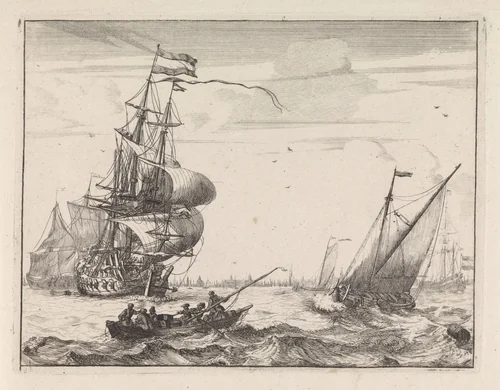 Gezicht op het IJ met roeiboot by Frederik Ottens, print, 1717-1770