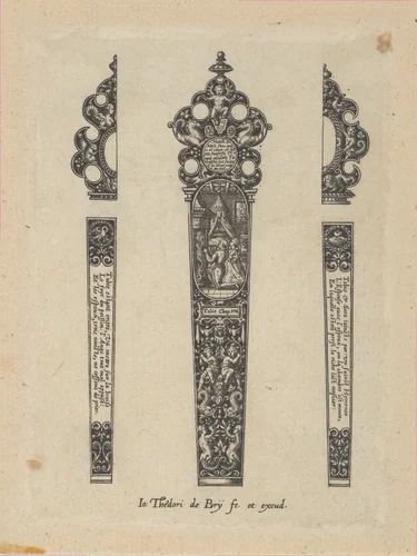 Design for a Knife Handle with a Scene from the Book of Tobit by Johann Theodor de Bry, print, 1580-1600