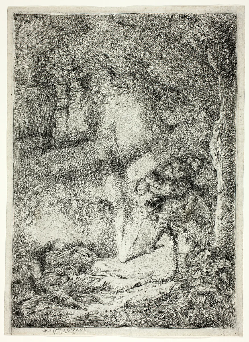 The Bodies of Saints Peter and Paul Hidden in the Catacombs by Giovanni Benedetto Castiglione, print, 1647-1651
