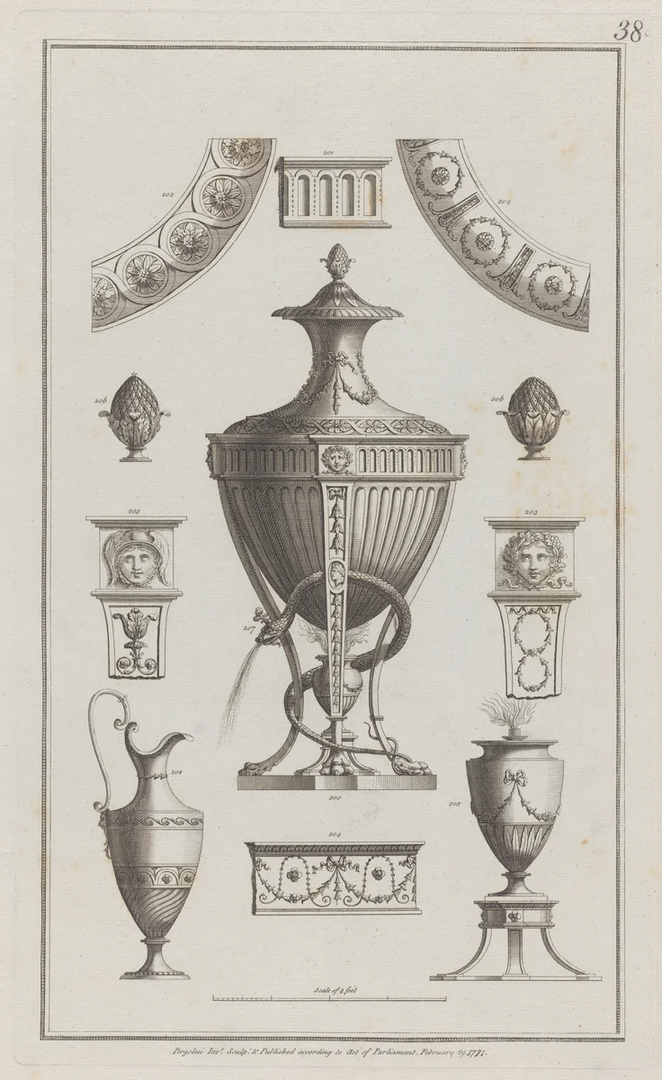 Vases and Ornament Designs, nos. 200-208, plate 38 from "Designs for Various Ornaments" by Michelangelo Pergolesi, print, 1791