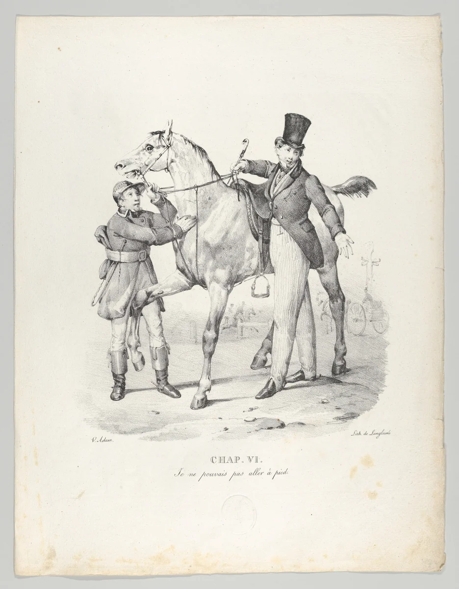 Chap. VI: Je ne pouvais pas aller à pied (I no longer walk anywhere) by Victor Adam, print, 1824