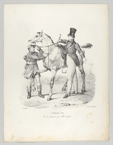 Chap. VI: Je ne pouvais pas aller à pied (I no longer walk anywhere) by Victor Adam, print, 1824