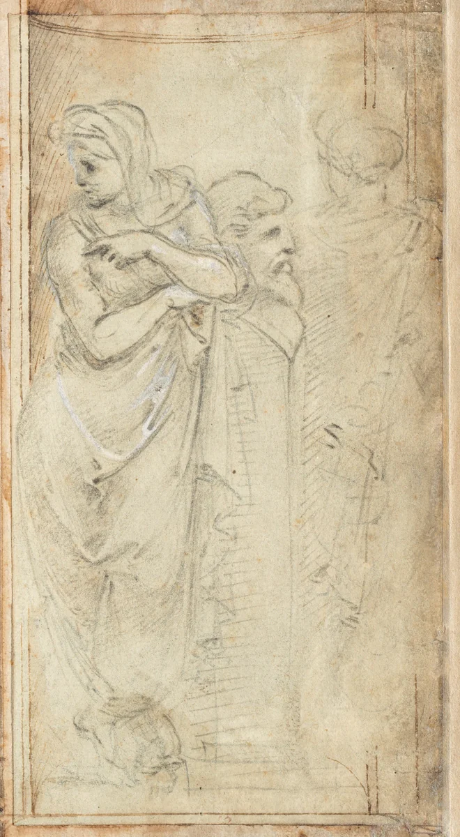 Two Draped Women Standing on Either Side of a Herm by Filippino Lippi, drawing, 1488-1493