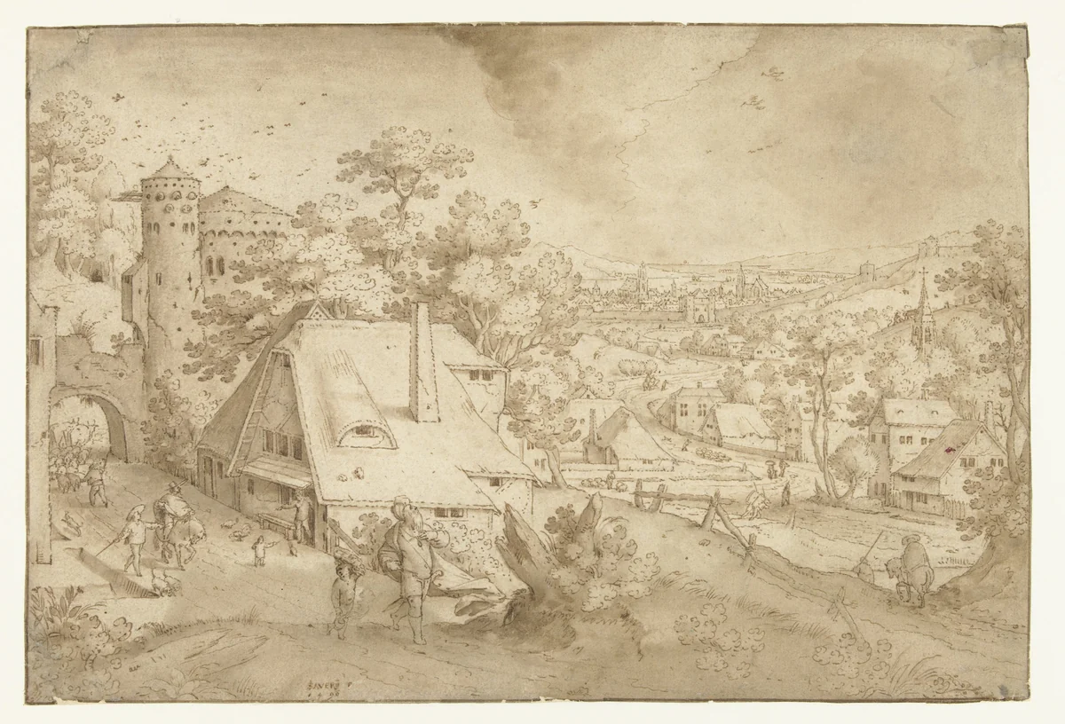 Landschap met Abraham en Izaäk by Jacob Savery, drawing, 1590