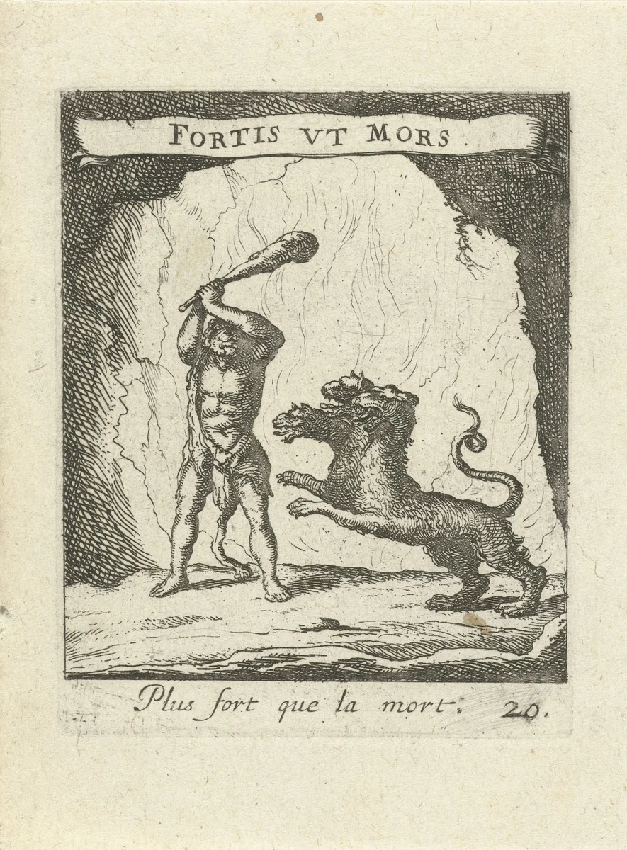Hercules en Cerberus by Albert Flamen, print, 1672