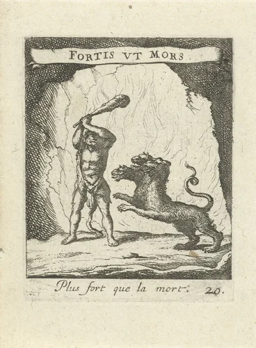 Hercules en Cerberus by Albert Flamen, print, 1672