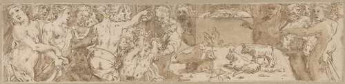 Procession (left-hand portion of border below Sacrifice of Isaac, inlaid-marble pavement, Siena Cathedral) by Domenico Beccafumi, drawing, 1520-1550