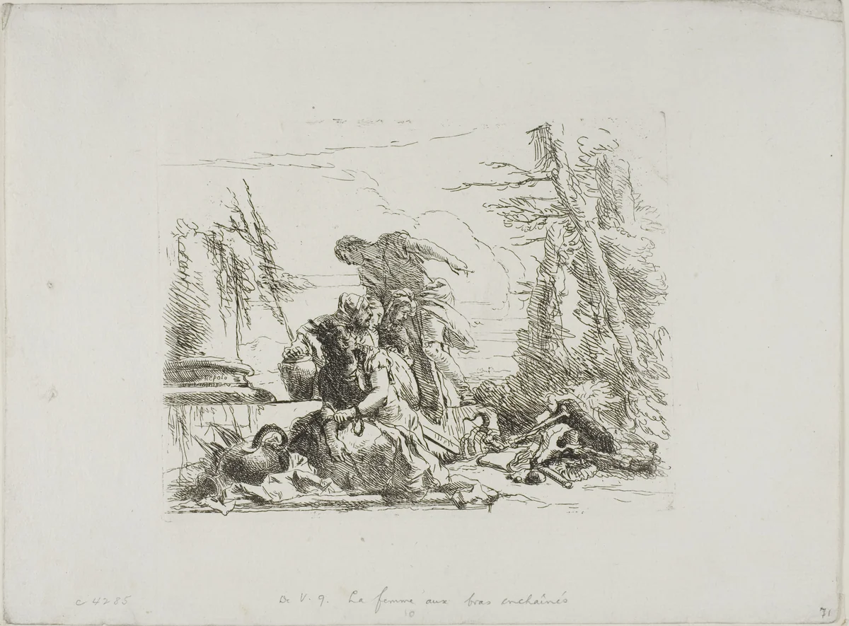A Woman with her Arms in Chains and Four Other Figures, from Capricci by Giovanni Battista Tiepolo, print, 1740-1750