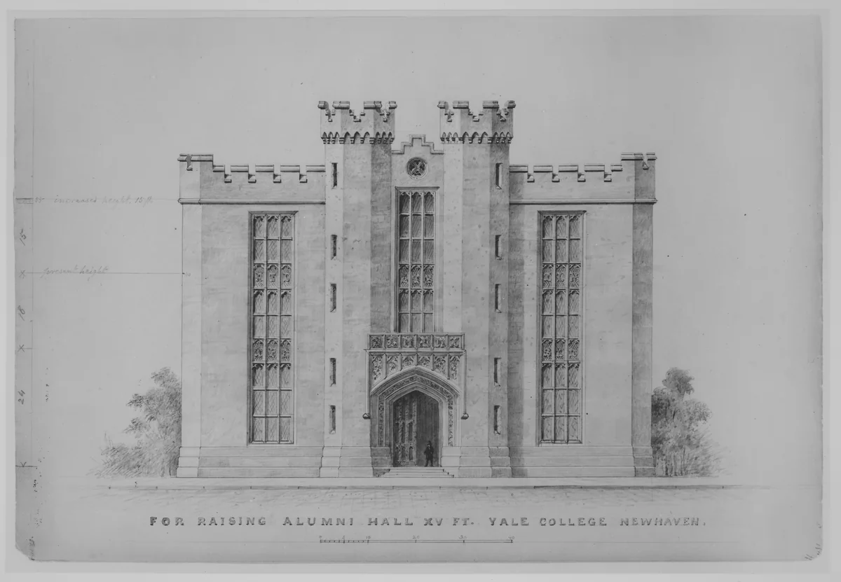 Proposal for Raising by 15 feet, Alumni Hall, Yale College, New Haven (elevation of facade) by Alexander Jackson Davis, drawing, 1881